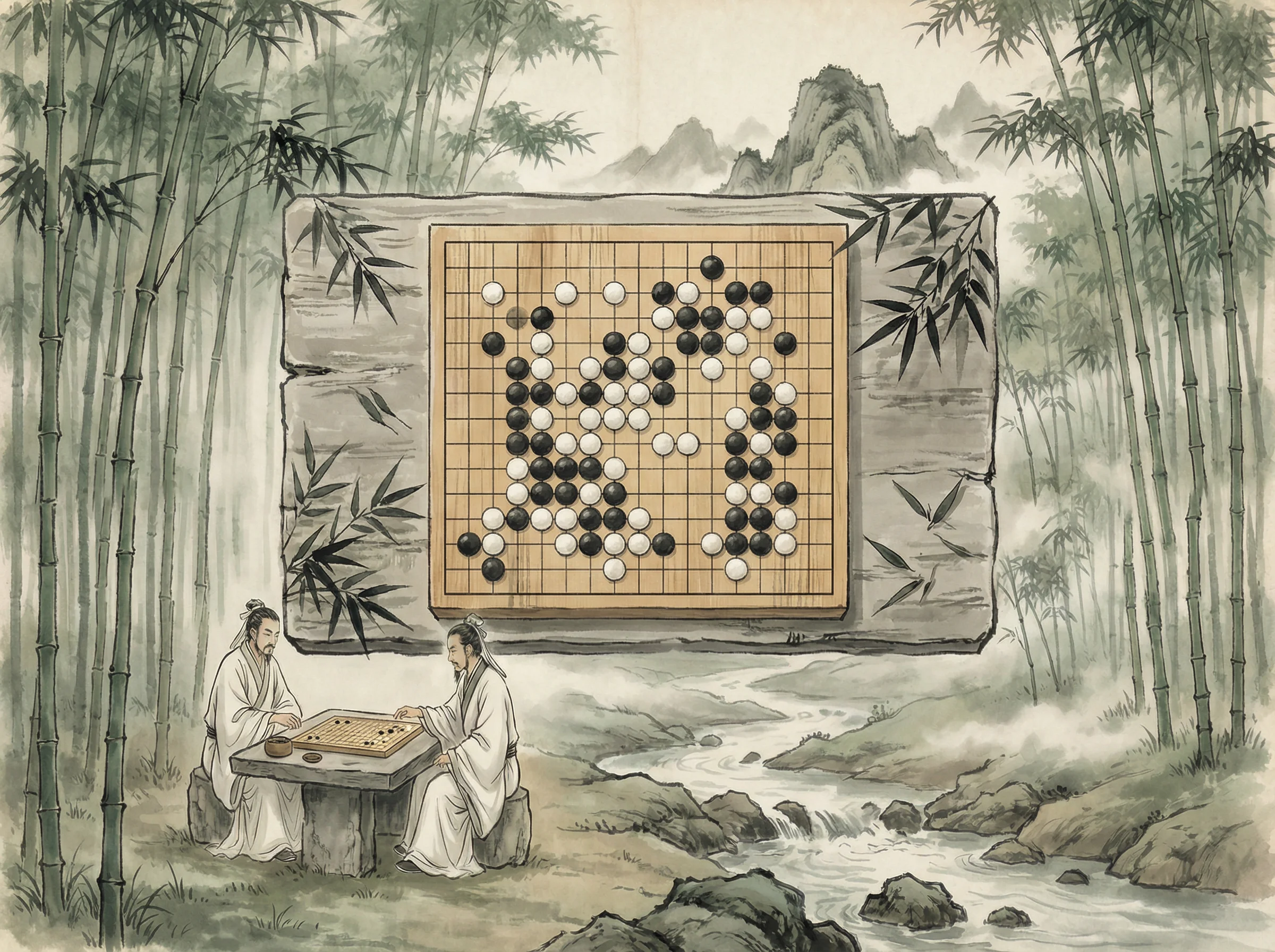 竹林悟道局 抢庄牛牛 棋盘布局，黑白子对峙