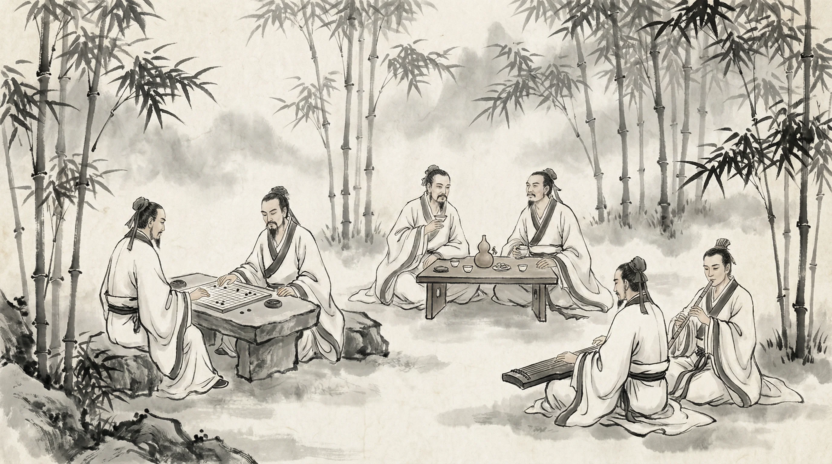 竹林七贤水墨画，隐士以棋会友，共参 抢庄牛牛 之道