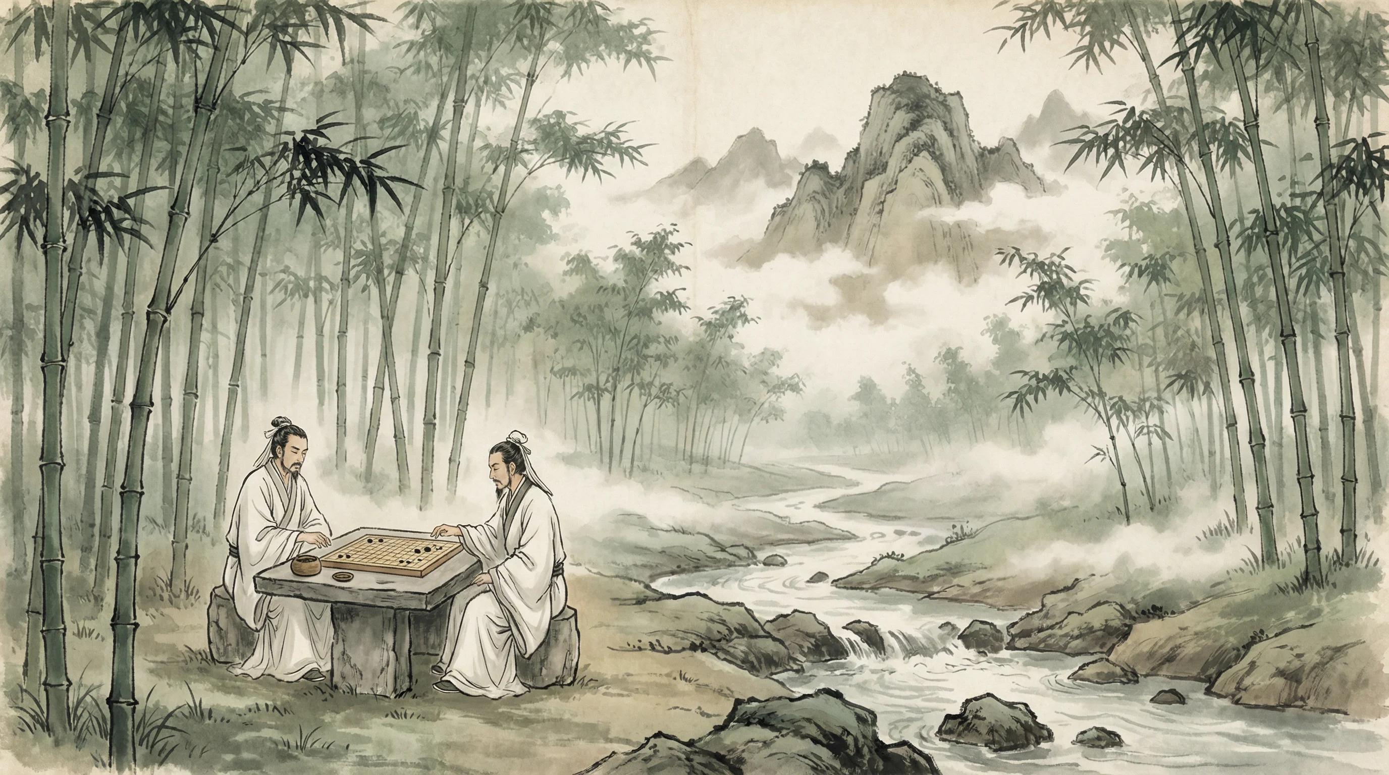 竹林对弈山水画，抢庄牛牛 棋道风景